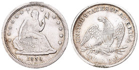 Estados Unidos. 25 cents (quarter). 1839. Philadelphia. (Km-64.1). Ag. 6,61 g. Restos de soldadura a las 12 h. MBC+. Est...60,00.