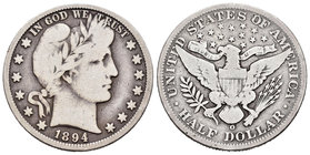 Estados Unidos. 1/2 dollar. 1894. Nueva Orleans. O. (Km-116). Ag. 11,85 g. Muy escasa. BC+. Est...120,00.