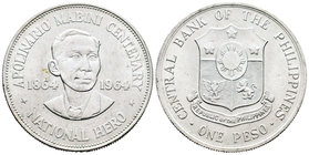Filipinas. 1 peso. 1964. (Km-194). Ag. 26,76 g. Centenario de Apolinario Mabini, héroe nacional. EBC+. Est...20,00.