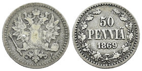 Finlandia. Alexander II. 50 pennia. 1869. S. (Bitkin-636). (Km-2.1). Ag. 2,31 g. Rara. MBC-. Est...40,00.