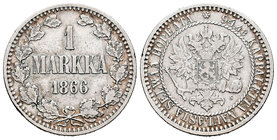 Finlandia. Alexander III. 1 markka. 1866. Helsinki. S. (Km-3.1). Ag. 5,11 g. BC+. Est...15,00.