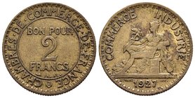 Francia. III República. 2 francos. 1927. (Km-877). (Gad-533). Ae-Al. 7,88 g. Cámara de Comercio. Escasa. MBC. Est...200,00.