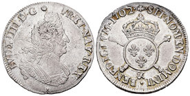 Francia. Louis XIV. 1/2 ecu. 1702. Aix. &. (Km-325.23). Ag. 13,29 g. Acuñada sobre otra moneda. MBC+. Est...180,00.