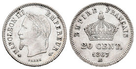 Francia. Napoleón III. 20 centimes. 1867. Estrasburgo. BB. (Km-808.2). (Gad-309). Ag. 1,01 g. MBC/MBC+. Est...25,00.