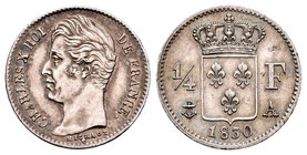 Francia. Carlos X. 1/4 franco. 1830. París. A. (Km-722.1). (Gad-353). Ag. 1,25 g. Pátina. EBC+. Est...60,00.