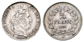 Francia. Louis Philippe I. 1/4 franc. 1835. París. A. (Km-740.1). (Gad-355). Ag. 1,26 g. EBC/EBC+. Est...50,00.