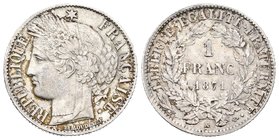 Francia. III República. 1 franco. 1871. Burdeos. K. (Km-817.2). (Gad-465). Ag. 5,04 g. MBC+. Est...80,00.
