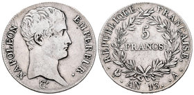 Francia. Napoleón Bonaparte. 5 francos. Año 13. París. A. (Km-662.1). Ag. 24,62 g. MBC-. Est...50,00.