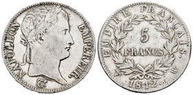 Francia. Napoleón Bonaparte. 5 francos. 1812. Lille. W. (Km-694.16). (Gad-584). Ag. 24,81 g. MBC. Est...80,00.