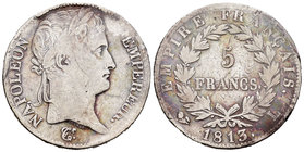Francia. Napoleón Bonaparte. 5 francos. 1813. Bayona. L. (Km-694.9). (Gad-584). Ag. 24,48 g. BC+. Est...50,00.