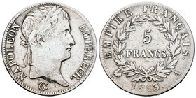 Francia. Napoleón Bonaparte. 5 francos. 1813. París. A. (Km-694.1). (Gad-584). Ag. 24,89 g.  Limpiada. MBC-. Est...40,00.
