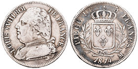 Francia. Luis XVIII. 5 francos. 1814. Toulouse. M. (Km-702.9). (Gad-591). Ag. 24,40 g. MBC-. Est...40,00.
