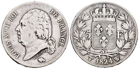 Francia. Luis XVIII. 5 francos. 1824. Lille. W. (Km-711.13). (Gad-614). Ag. 24,61 g. BC+. Est...25,00.
