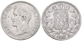 Francia. Charles X. 5 francos. 1827. Burdeos. K. (Km-728.7). (Gad-644). Ag. 24,78 g. Golpecitos. MBC-. Est...35,00.