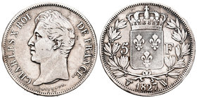 Francia. Charles X. 5 francos. 1827. Lille. W. (Km-728.13). (Gad-644). Ag. 24,66 g. Golpecitos en el canto. MBC-. Est...45,00.