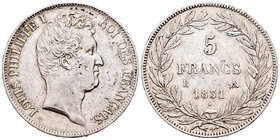 Francia. Louis Philippe I. 5 francos. 1831. Rouen. B. (Km-735.2). (Gad-676). Ag. 25,18 g. MBC+. Est...50,00.