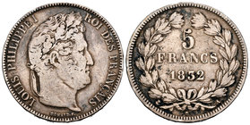 Francia. Louis Philippe I. 5 francos. 1832. París. A. (Km-749.1). (Gad-678). Ag. 24,60 g. BC+. Est...20,00.