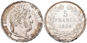 Francia. Louis Philippe I. 5 francos. 1834. Lille. W. (Km-749.13). (Gad-678). Ag. 25,15 g. Rayas en reverso. Restos de brillo original. MBC+. Est...50...