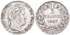 Francia. Louis Philippe I. 5 francos. 1837. Lille. W. (Km-749.13). (Gad-678). Ag. 24,85 g. MBC-. Est...20,00.