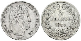 Francia. Louis Philippe I. 5 francos. 1837. Rouen. B. (Km-749.1). Ag. 24,60 g. BC+. Est...20,00.
