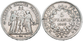 Francia. II República. 5 francos. 1849. París. A. (Km-756.1). (Gad-683). Ag. 24,71 g. MBC-/MBC. Est...25,00.