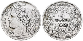 Francia. II República. 5 francos. 1849. París. A. (Km-761.1). (Gad-719). Ag. 24,79 g. Limpiada. MBC-. Est...20,00.