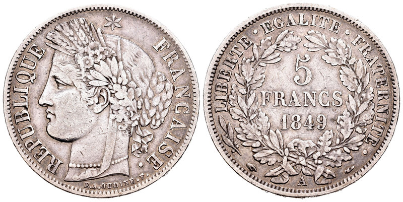 Francia. II República. 5 francos. 1849. París. A. (Km-761.1). (Gad-719). Ag. 24,...