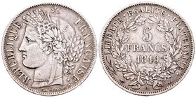Francia. II República. 5 francos. 1849. París. A. (Km-761.1). (Gad-719). Ag. 24,69 g. MBC. Est...65,00.