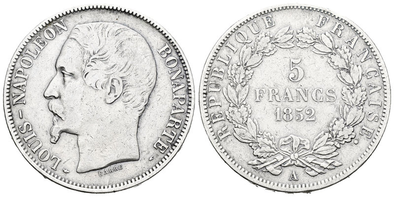 Francia. Napoleón III. 5 francos. 1852. París. A. (Km-773.1). (Gad-726). Ag. 24,...