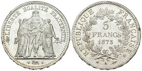 Francia. II República. 5 francos. 1873. París. A. (Km-820.1). (Gad-745a). Ag. 24,96 g. Brillo original. Atractiva. SC. Est...60,00.