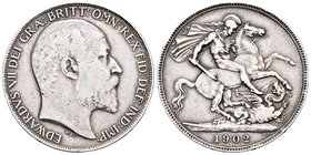 Gran Bretaña. George V. 1 corona. 1902. (Km-803). Ag. 28,04 g. Golpecitos en canto. Escasa. MBC. Est...90,00.