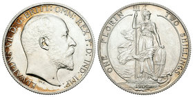 Gran Bretaña. Edward VII. 1 florín. 1902. (Km-801). Ag. 11,31 g. Restos de brillo original. SC. Est...80,00.