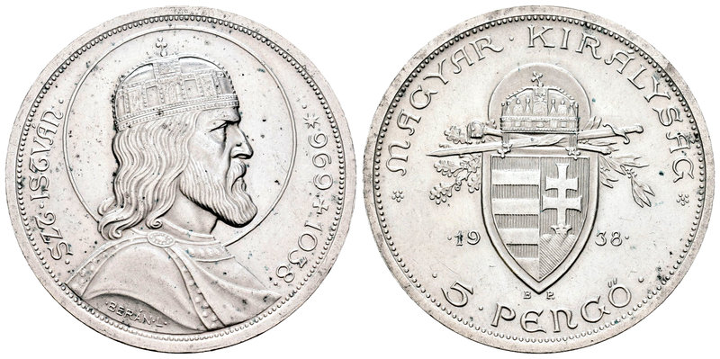 Hungría. 5 pengo . 1938. (Km-516). Ag. 24,91 g. 900º Aniversario del fallecimien...