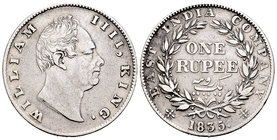 India Británica. George IV. 1 rupia. 1835. Calcuta. (Km-450.2). Ag. 11,49 g. F incusa en el cuello. Limpiada. MBC+. Est...30,00.