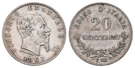 Italia. Vittorio Emanuele II. 20 céntimos. 1863. Torino. T/BN. (Km-13.1). Ag. 1,01 g. MBC. Est...18,00.