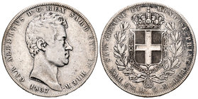Italia. Carlo Alberto. 5 liras. 1837. (Km-130.2). Ag. 24,50 g. BC+/MBC-. Est...30,00.