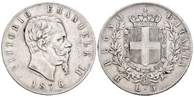 Italia. Vittorio Emanuele II. 5 liras. 1876. Roma. R. (Km-8.4). (Pagani-501). (Mont-188). Ag. 24,75 g. MBC-. Est...30,00.