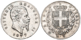 Italia. Vittorio Emanuele II. 5 liras. 1877. Roma. R. (Km-8.4). (Pagani-502). (Mont-189). Ag. 24,93 g. MBC+. Est...35,00.