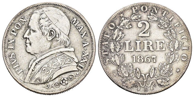 Italia. Estados Papales. Pio IX. 2 liras. 1867. Roma. R. (Km-1379.2). (Pagani-55...