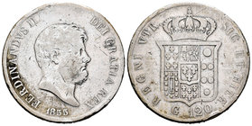 Italia. Nápoles y Sicilia. Fernando II. Piastra (120 grana). 1855. (Km-370). Ag. 26,73 g. Golpes. BC+. Est...18,00.