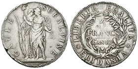 Italia. República de Piamonte. 5 francos. L´AN 10. (Km-C4). Ag. 24,73 g. Golpes en canto. MBC+. Est...120,00.