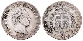 Italia. Sardeña. Carlo Felice. 50 centesimi. 1854. Genova. P. (Km-105.2). (Mont-114). Ag. 2,47 g. MBC+. Est...30,00.