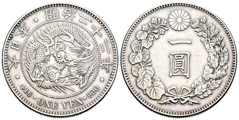 Japón. Mutsuhito. 1 yen. Año 22. (1889). (Km-YA25.3). Ag. 26,85 g. Limpiada. EBC...