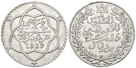 Marruecos. Abd Al-Hafiz. 1 rial (10 dirhem). 1329 H (1910). París. (Km-Y25). Ag. 24,87 g. MBC+. Est...40,00.