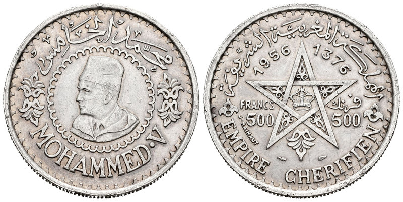 Marruecos. Mohamad V. 500 francos. 1956 (1376 H). (Km-54). Ag. 22,51 g. MBC+. Es...