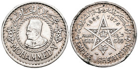 Marruecos. Mohamad V. 500 francos. 1956 (1376H). (Km-Y54). Ag. 22,42 g. Restos de soldaduras en canto. MBC. Est...15,00.