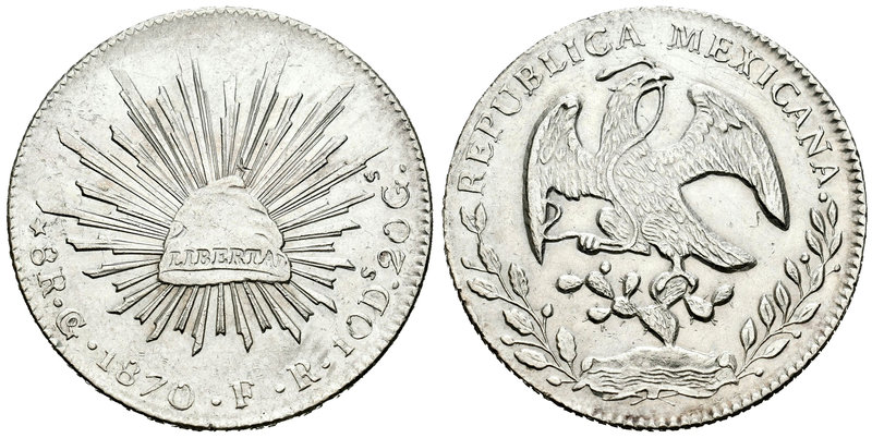 México. 8 reales. 1870. Guanajuato. FR. (Km-377.8). Ag. 27,08 g. Parte de brillo...