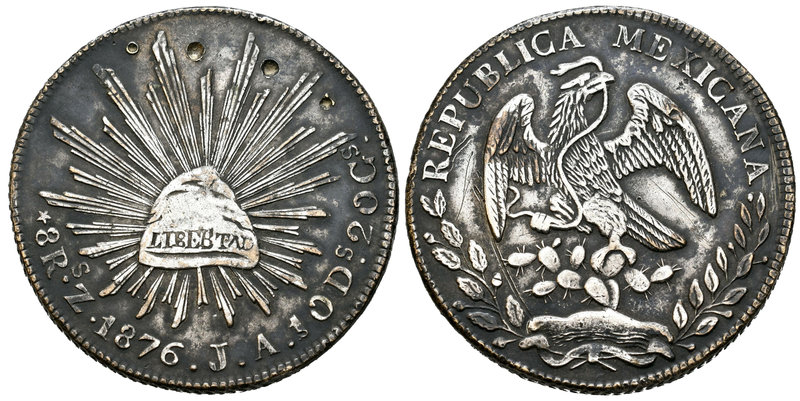 México. 8 reales. 1876. Zacatecas. JA. (Km-377.13 variante). Ag. 27,49 g. Varian...