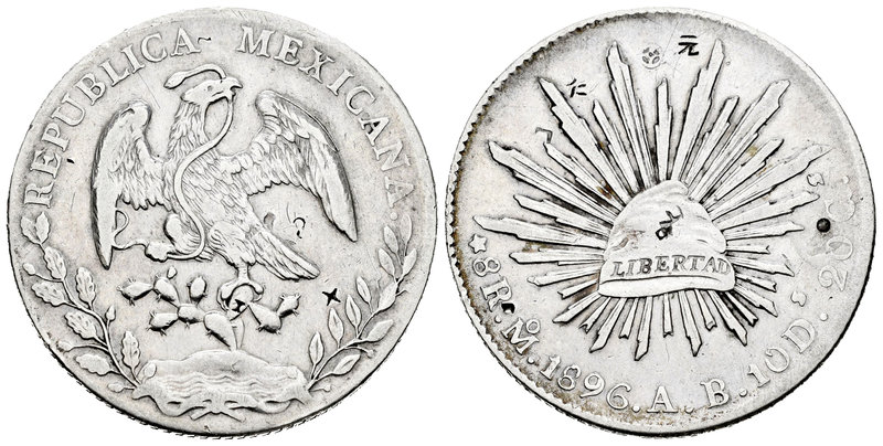 México. 8 reales. 1896. México. AB. (Km-377.10). Ag. 26,86 g. Pequeños resellos ...