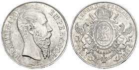 México. Maximiliano. 1 peso. 1866. México. (Km-388.1). Ag. 27,01 g. EBC/EBC+. Est...280,00.